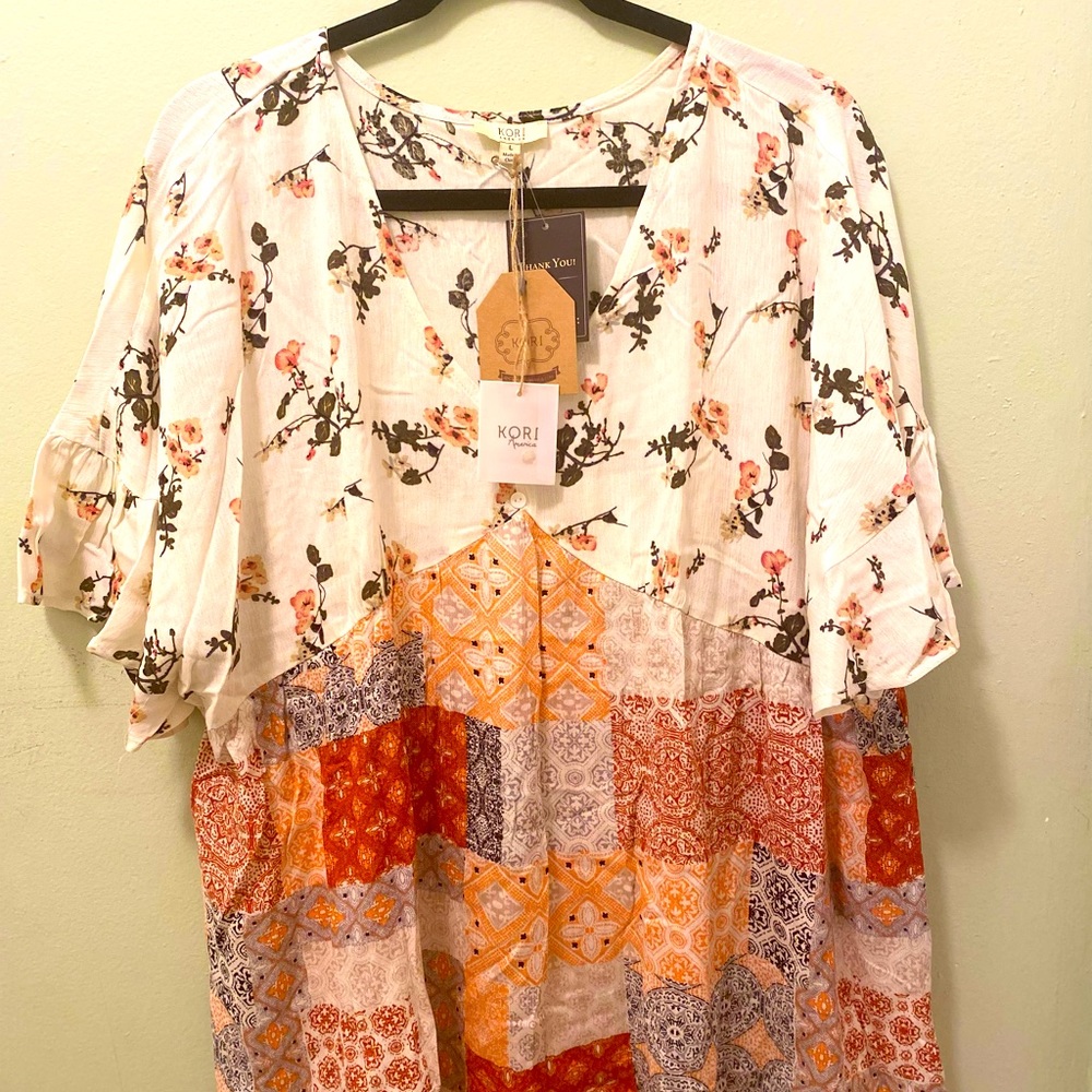 Kori America two pattern boho chic 3/4 Sleeve Blouse